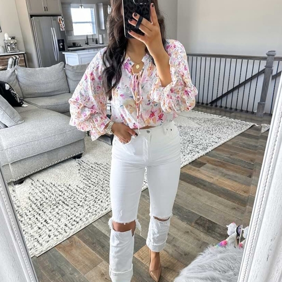 Women's Casual Boho Floral Print V Neck Long Sleeve Drawstring Tops Loose Blouse - Picture 3 of 6